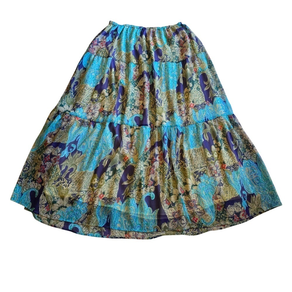 COLDWATER‎ CREEK  Boho Tiered Maxi Skirt Teal Paisley Patchwork Elastic Waist XL